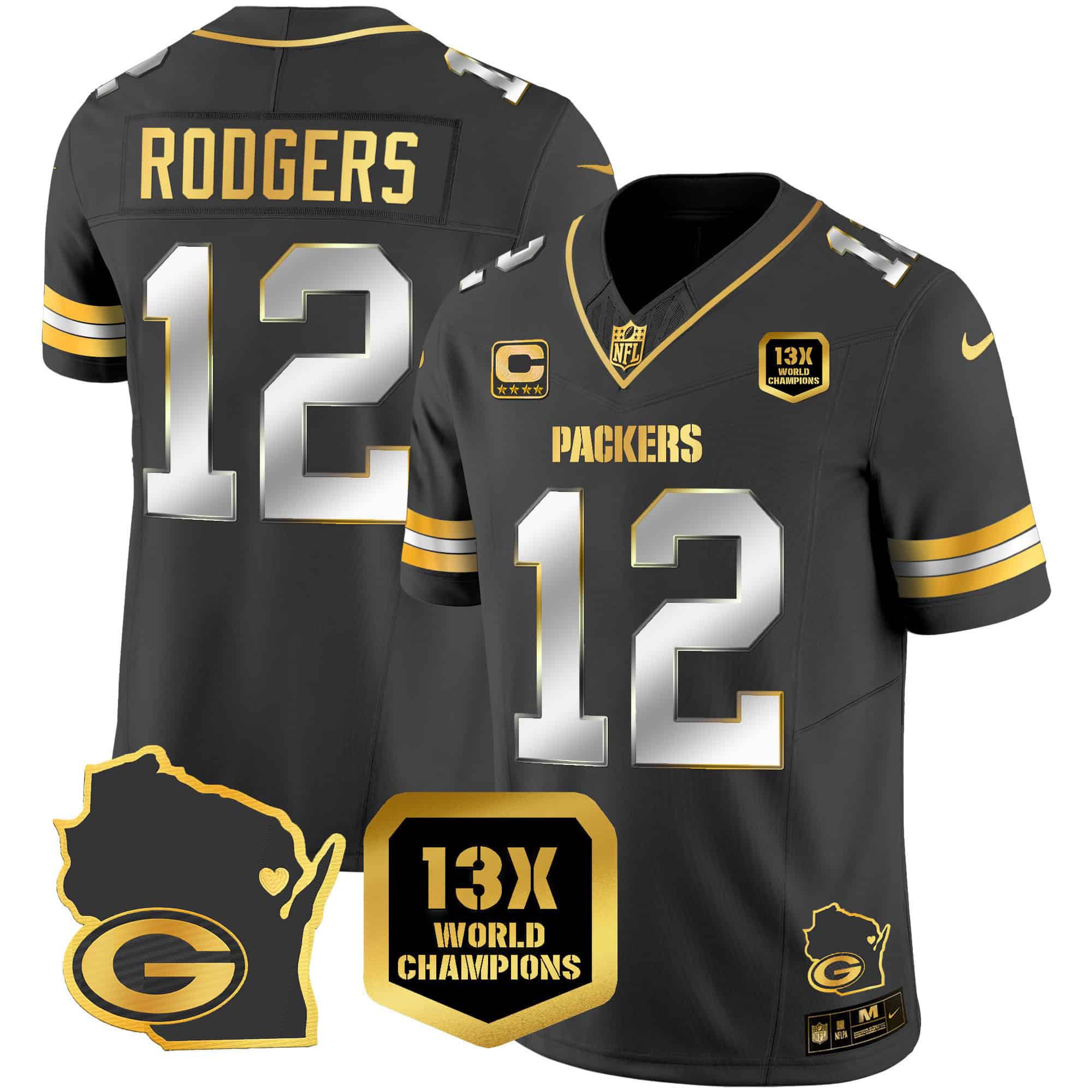 Men Green Bay Packers #12 Rodgers Black Gold 2024 Nike World Champions Home Patch Vapor NFL Jersey style 1